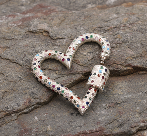 <b>Heart</b> Shape Carabiner Lock 925 <b>Sterling</b> <b>Silver</b> Rhodium & Gold Plated Claw Setting Multi-Color CZ - Product Image 6