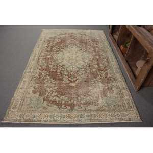 Alfombra turca vintage de 5,2x8,2 pies, hecha a mano, marrón, azul, diseño de retazos, lana, poliéster, Material látex, Tabriz, pasillo Rectangular - Product Image 1