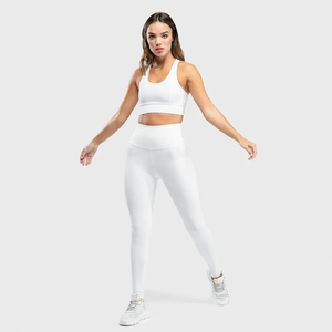 Conjunto de 2 piezas de cintura alta con logotipo personalizado OEM para mujer, gimnasio, Fitness, ropa activa, pantalones, conjuntos de Yoga transpirables sin costuras con patrón sólido - Product Image 3