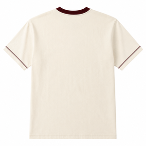 Camiseta de Algodón Crema al por Mayor con Cuello Redondo y Contraste Borgoña, Bordado Minimalista, Ropa Casual Personalizada para Hombre - Product Image 2