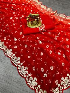 Sari en Georgette pur avec imprimé Bandhani Jodhpur, magnifique travail de Pita dans la séquence C~Pallu, travail de Butti sur la bordure du sari - Product Image 5