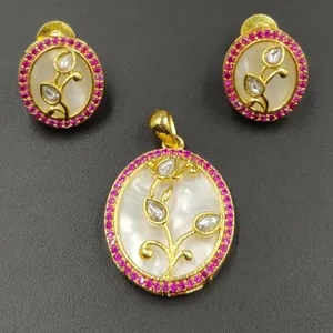 珍珠母吊坠套装，带吊坠和耳环，带宝石时尚珠宝饰物 & 吊坠白色红色粉色绿色蓝色印度