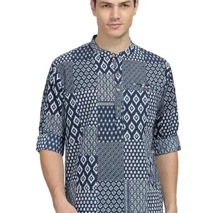 Jaipuri Reine Baumwolle bedruckte kurze Kurta Vollarm für Herren kurze Kurta-Hemd mit Mandarinkragen