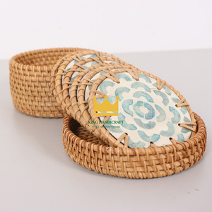 Natural Rattan Modern Eco-Friendly Creative Splicing Colorful Shell Resin Cup Mat <b>Coaster</b> Hand <b>Woven</b> Insulation Pad for Kitchen - Product Image 4
