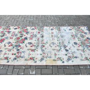 Vintage Rug, Area 3.9x8.8 ft Turkish Rug, <b>Red</b> Blue Floral <b>Wool</b> Rug - Product Image 3