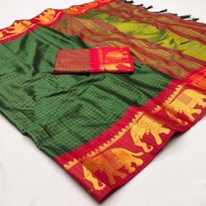 Sari de algodón puro para mujer Kanjivaram de lujo con hermoso diseño de elefante y borde dorado para bodas y fiestas - Product Image 1