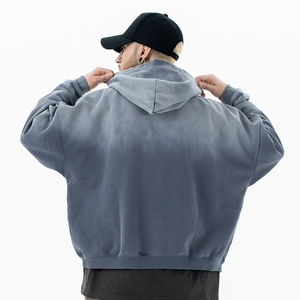 Wholesale Custom Design Acid Washed <b>Raw</b> Edge Hoodie Fashion Zipper-Up Sweatshirt with Embroidered Style and Solid Pattern - Product Image 2