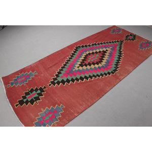 Tapis turc 3,7x8,6 pieds, tapis à carreaux rouge et bleu en laine - Product Image 4