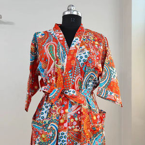 Robe kimono d'été pour femme, 100% coton, col en V, manches courtes, longueur totale, imprimé floral indien, lavable en machine, décontractée, classique - Product Image 1