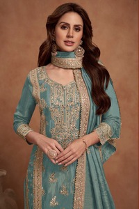 Mới 2025 bột màu xanh lụa thêu thẳng cắt Palazzo phù hợp với và salwar 3/4 Tay áo truyền thống mặc tất cả các kích cỡ có sẵn - Product Image 2