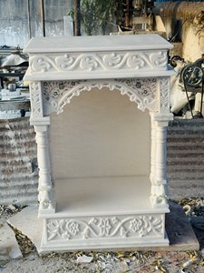 Handcrafted White Marble Temple with Delicate Floral Carvings and a Unique Backlit Panel - Product Image 2