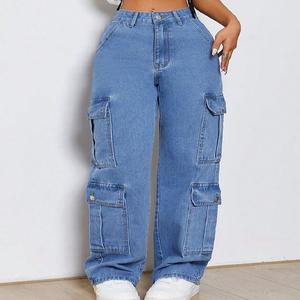 Nuevos Jeans de Mezclilla Azules de Moda Urbana para Dama en Exceso de Inventario, Pantalones Cargo Holgados de Corte Recto con Bolsillos, Estilo Casual Único Lavado - Product Image 5