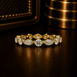 Classic 14K Pure <b>Gold</b> Marquise Round Eternity Alternating Lab Grown Diamond Bezel <b>Set</b> Stackable Wedding Band <b>Rings</b> for Bridal - Product Image 1