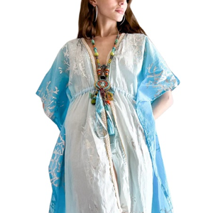 Vestido Corto Tipo Kaftan Estampado Floral Hecho a Mano, Nuevo y Moderno, Estilo Mini, para Fiestas, Informal, de Manga Corta, Ropa de Playa - Product Image 1