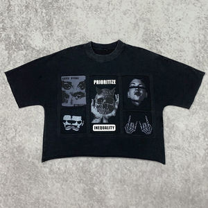 เสื้อยืดคอกลมทรงโอเวอร์ไซส์ลายปักปะติดผ้าฝ้ายสไตล์สตรีทแวร์พิมพ์ลายกราฟิกสำหรับผู้ชาย รุ่น OEM Summer Custom - Product Image 1