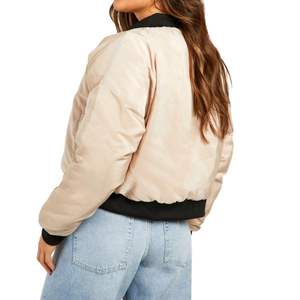 Beige Bomber <b>Jacket</b> <b>Women</b> Contrast Trim Zip Outerwear Ladies Casual Fashion Coat Custom Logo <b>Lightweight</b> Windproof Breathable - Product Image 2