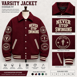 Chaqueta Varsity con Capucha Color Granate para Hombre, Bordada con la Frase 'Never Stop Swinging Back', Estilo Casual de Otoño - Product Image 5