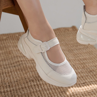 [JSHOE] Baskets Mary Jane en cuir à semelle épaisse de style coréen-Chaussures plates de marche respirantes en maille pour femmes