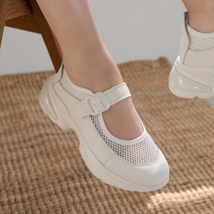 [JSHOE] Baskets Mary Jane en cuir à semelle épaisse de style coréen-Chaussures plates de marche respirantes en maille pour femmes - Product Image 2