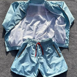 Personnalisé Coupe-Vent Shorts Costumes Veste à Capuche Hommes Zip Up Nylon Imperméable Couleur Unie Coupe-Vent Court Ensemble Hommes - Product Image 5