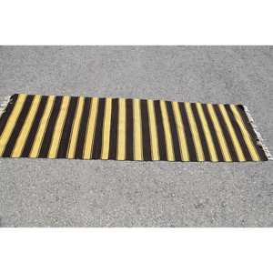 Modern Handmade Wool <b>Rug</b> 210 X 730 cm Yellow Black Striped Size for Entryway 10mm <b>Thickness</b> Latex Rectangle Patchwork Style - Product Image 3