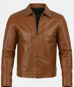 Veste de camionneur en cuir marron clair pour homme, en peau de mouton, col montant, fermeture éclair, style vintage, coupe ajustée, décontractée, automne-hiver, États-Unis - Product Image 1