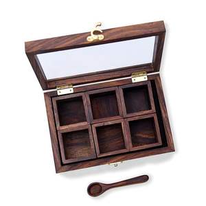 Boîte à épices en bois de qualité supérieure, design personnalisé, 6 compartiments, boîte à masala traditionnelle indienne, compatible four et micro-ondes, HF CRAFTS - Product Image 3