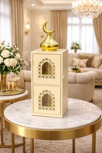 Farol Marroquí de Metal con Acabado Dorado Crema, Diseño de Doble Puerta con Parte Superior en Forma de Media Luna, Luz Ambiental Cálida, Decoración Festiva y Elegante para el Hogar - Product Image 2