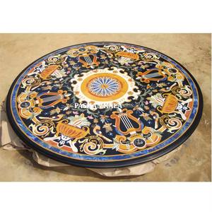 Plateau de table à manger rond en marbre noir incrusté avec un marbre de qualité supérieure et une haute qualité pour un design floral incrusté optimal - Product Image 1