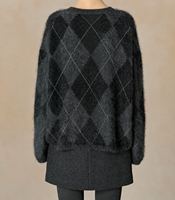 Pull ras du cou en mélange d'alpaga super doux, motif losanges intarsia, pour femme, en alpaga brossé, coupe oversize épaisse 5G