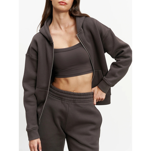 Sudadera con capucha y cremallera cuadrada de doble capa para mujer con logotipo estampado personalizado Chaqueta con capucha de estilo corto de otoño con hombro caído para invierno - Product Image 3