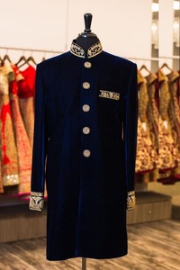 NAVY BLUE SHERWANI DRESS on VELVET FABRIC WITH GOLD ZARDOZI EMBROIDERY WORK & MATCHING SHOE for PARTY-WEAR & WEDDING Dress @2022 - Product Image 2