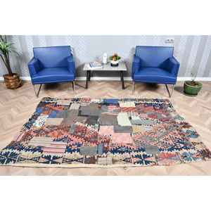 Alfombra Turca Vintage, Alfombra de 4.5x7.3 pies, Alfombra Azul con Estampado Animal - Product Image 1