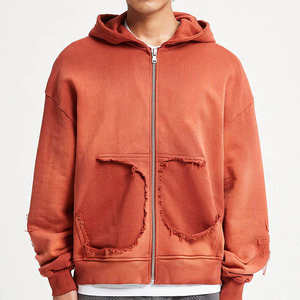 Sudadera con Capucha Personalizada para Hombre, Mezcla de Algodón, Estilo Desgastado con Lavado Ácido, Estampado, Corte Holgado con Cremallera, Estilo Urbano, con Pedrería - Product Image 4