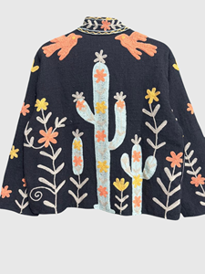 Veste à col mandarin brodée à la main avec motif cactus, manches longues, coupe ample, vêtements de printemps pour adultes, coton, taille plus pour femmes - Product Image 2