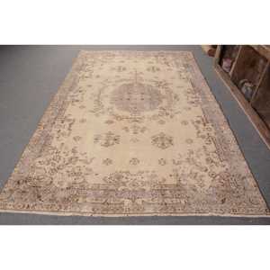 Vintage Turkish Rug 5.8x9.1ft Beige <b>Brown</b> Flat Weave <b>Wool</b> with Patchwork Pattern for Living Room Decorations or Hallway Use - Product Image 1