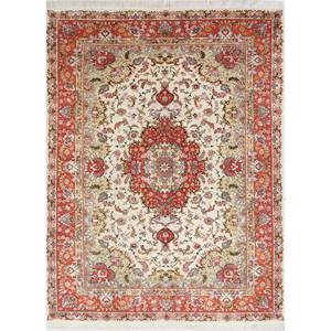 Alfombra de Lana Anudada a Mano Aalam Pae-5142, Color Marfil, 9x12, Rectangular, con Medallón, Diseño Abstracto, para Pasillo, Tabriz, para Sala de Estar - Product Image 1