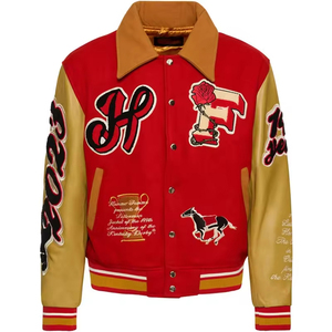 Chaqueta Letterman personalizada de talla grande para hombre, chaqueta universitaria OEM de cuero con logotipo bordado, abrigo de bombardero de béisbol rojo en blanco al por mayor - Product Image 1