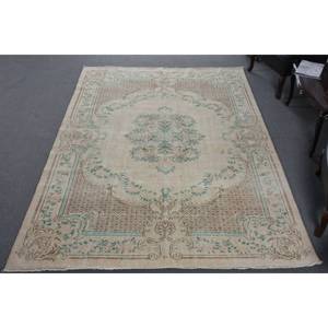 Alfombra turca clásica Vintage Beige verde 6,2x9,4 pies lana hecha a mano con respaldo de látex patrón de retazos Rectangular para cabecera - Product Image 1