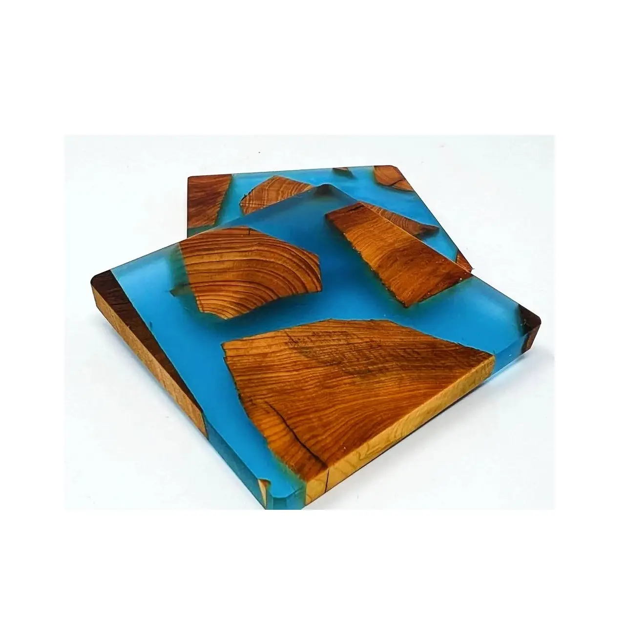 Tea Cup Coaster Mango Wooden & Blue Resin Coaster Square Shape At Low Cost Table Decoration & Accessories For Restaurant Home