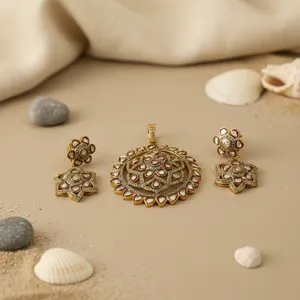 24K Gold Plating Diamond Floral Pendant & Earrings <b>Set</b> Fine Bridal Copper Jewelry for <b>Women</b> <b>Gift</b> ADSET-20015 - Product Image 1
