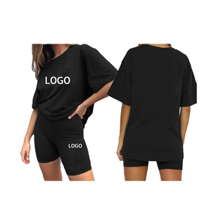 Ensemble de 2 meilleurs prix pour femmes ensemble t-shirt short surdimensionné 100% coton couleur unie femmes t-shirts à manches courtes avec short - Product Image 4