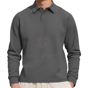 Polo de Manga Larga para Hombre, Tejido de Gofre Texturizado, Gris, Informal, para Otoño, Mezcla de Algodón, Logotipo Personalizado, Suéter Elegante para Uso Diario - Product Image 1