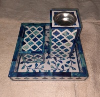 Nouveauté, brûleur à bakhoor rectangulaire en bois beige de luxe avec incrustations d'os arabes, chauffe-bougie, boîte, plateau, ensemble pour les cadeaux de l'Aïd et du Ramadan