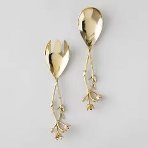 Service à salade en argent poli miroir, écologique, avec manche ondulé en laiton, design fourchette et cuillère, passe au lave-vaisselle, pour hôtel - Product Image 2