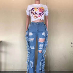 Kg0155 2022 Pantalones Vaqueros de Mezclilla para Mujer, Cintura Alta, Casuales, con Flecos de Terciopelo y Borlas, Estilo Flare - Product Image 1