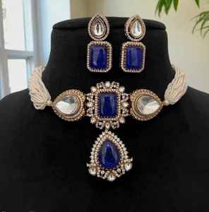 Elegante mate chapado en oro Polki Kundan gargantilla pendientes conjunto de joyería de latón de moda para fiestas bodas y celebraciones de aniversario - Product Image 1