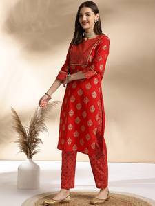 Mujeres étnicas motivos florales impresos puro algodón Kurta con pantalones indio pakistaní salwaar kameez traje - Product Image 2