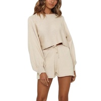 Setelan Sweater Hoodie Wanita Musim Dingin Berpayet Rumbai Berlubang 2-Potong Lengan Panjang Longgar Celana Pendek Tahan Air Bernapas 100%
