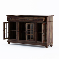 Buffet moderne en teck massif, écologique, avec portes vitrées et tiroirs, meuble de rangement et de présentation pour salle à manger et salon